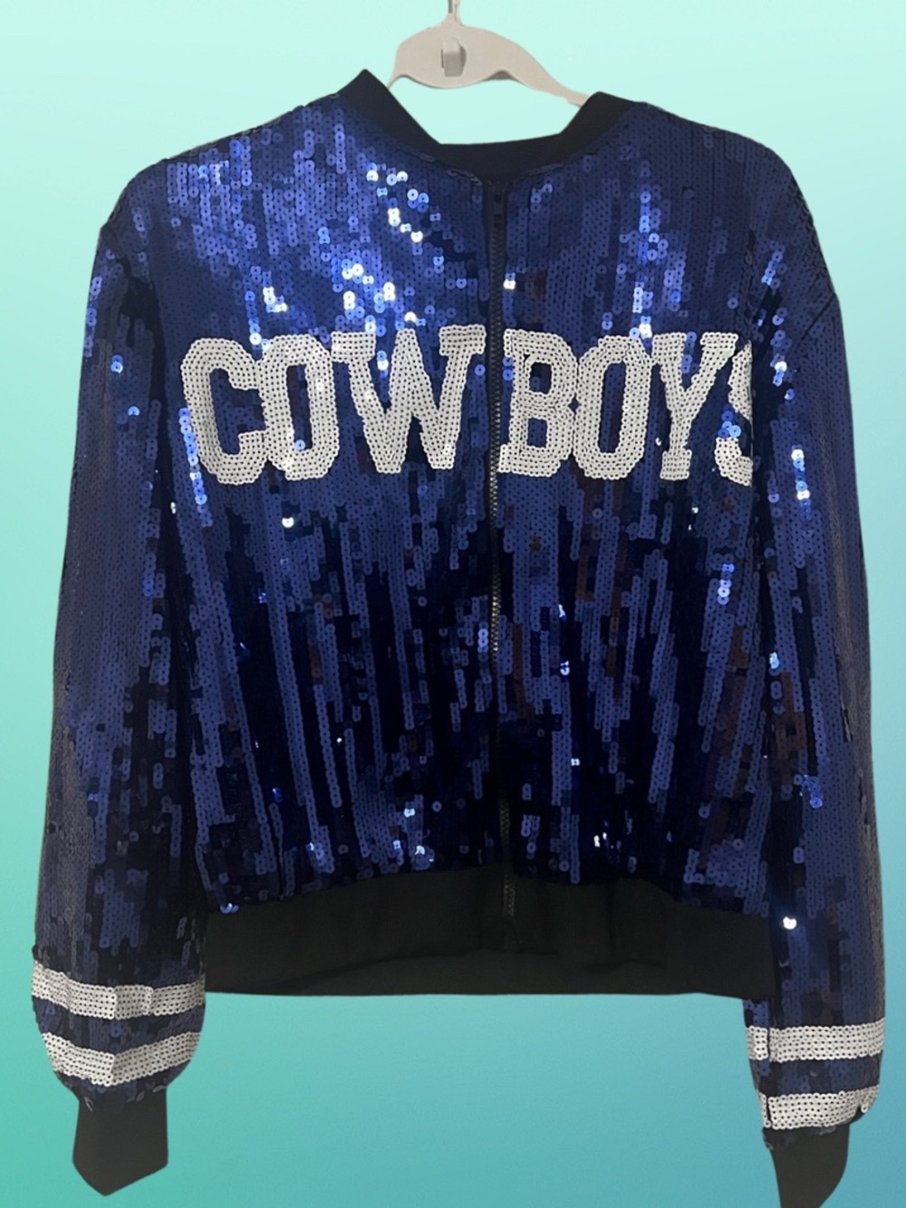 Blue Sequin 'COWBOYS' football bomber party Jacket - ONE SIZE